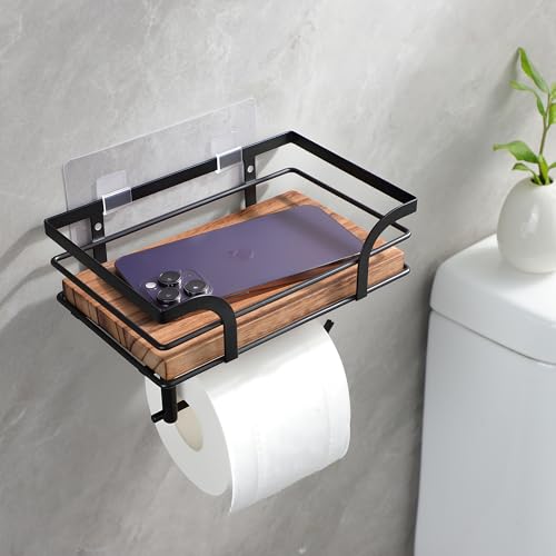 YIGII Toilettenpapierhalter Mit Ablage-Klopapierhalter Mit Feuchttücherbox, Klopapierhalter Holz, Wc Papier Halterung Ohne Bohrung, Selbstklebend&Wandmontage für Badzimmer