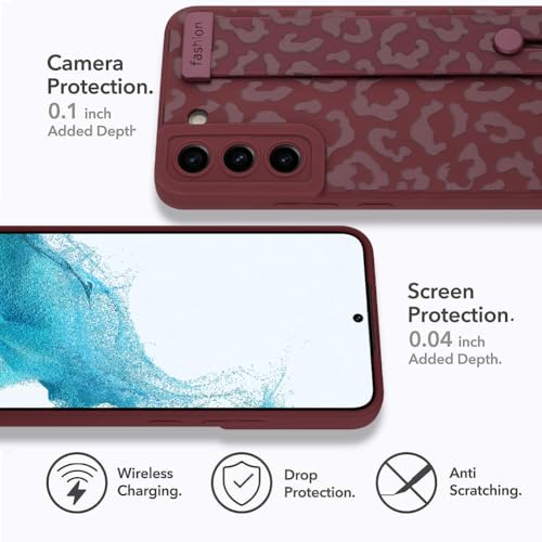 Image of Compatible with Samsung Galaxy S22 Plus Case with Strap Wrist | Cheetah Print Shockproof Soft TPU Protective Cover for Women Girls, Slim Anti Scratch Case 6.6 Inch, Wine Red