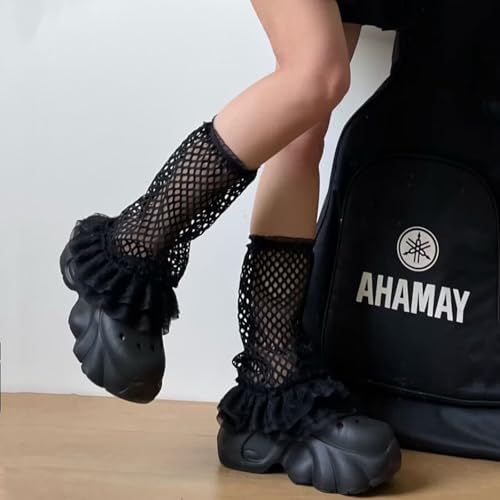 Image of SOLILOQUY Women Y2K Ruffle Lace Leg Warmer Kawaii Lolita Long Thigh High Socks Harajuku JK Tiered Sheer Tulle Boot Cuff Cover