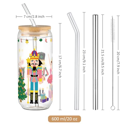 جويان اكواب زجاجية للكريسماس مع اغطية وماصة، كوب قهوة مثلجة لطيف للكريسماس مع سلسلة مفاتيح وجوارب، اكواب شرب مع انماط ندفة الثلج والشجرة، هدية ديكور للنساء والعائلة، 20 اونصة