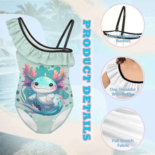 Image of WELLFLYHOM Axolotl Girls One Piece Swimsuits 3-14 Ruffle One Shoulder Bathing Suits Full Coverage Beachwear