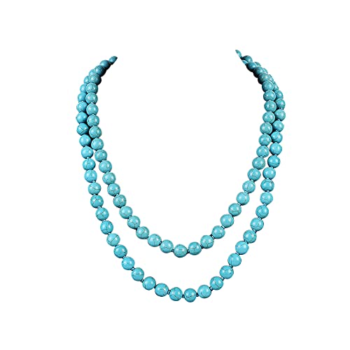 Fuqimanman2020 Long Turquoise Beaded Strand Necklace Endless Round Beads Multi Layer Heart Yoga Meditation Prayer Handmade Gemstone for Women Healing Aesthetic Jewelry-Turquoise