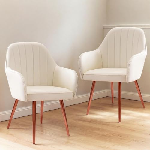 Image of Set of 2 Accent Chair for Living Room | Modern Armchair in Soft Velvet Fabric with Sturdy Legs | Premium Chair for Home Living Room Bedroom Restaurent | (Bronze Legs, White)