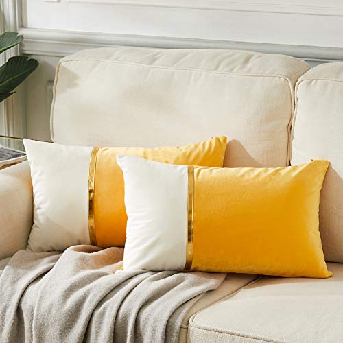 Image of Fancy Homi 2 Packs Decorative Throw Pillow Covers 12x20 Inch for Living Room Couch Bed, Yellow and White Velvet Patchwork with Gold Leather, Luxury Modern Home Decor, Lumbar Cushion Case 30x50 cm