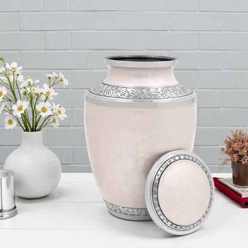 Image of ALPHA Living HOME Cremation Urns for Human Ashes - Adult Memorial Urn - Metal Funeral Urn with Elegant Finish - Secure Screw-Top Lid - Durable, Decorative Urn for Home 10.5 inch (Ivory Silver)