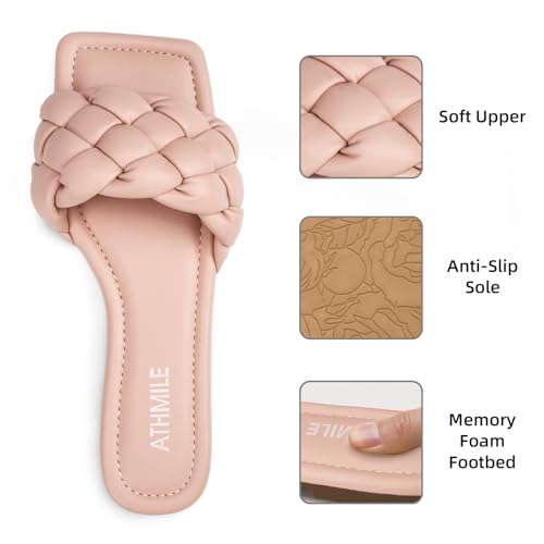 Image of ATHMILE Braided Womens Sandals 2026 Square Open Toe Fashion Slide Sandals | Women Summer Flat Sandals,Soft Leather,Slip on Shoes,Dressy,Causal,Beach,Vocation,Size 6-11
