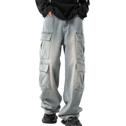 Spring Plus Size Wide Leg Baggy Black Jeans Men,Vintage Unisex Multi-Pocket Washed Distressed Y2K Cargo Pants