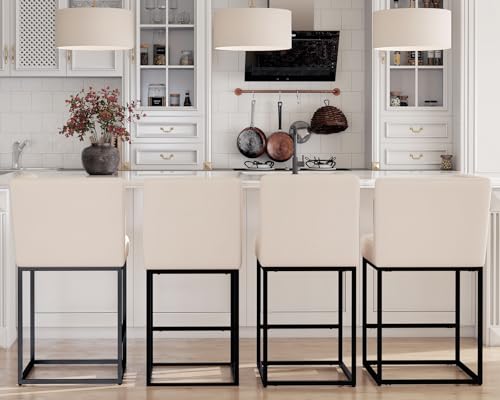 Image of HNY Modern Counter Height Bar Stools Set of 4, Linen Upholstered Contemporary Barstools with Back, 27 Inch Bar Chairs with Black Metal Frame for Kitchen Island, Cream