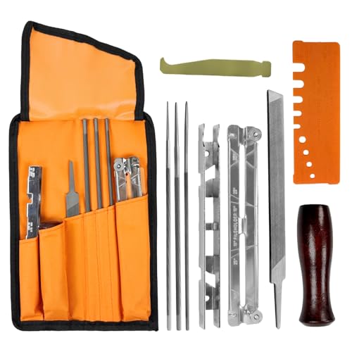 10 PC Chainsaw Sharpener Kit , 5/32' 3/16' 11/64' Round Chainsaw File with 6-Inch Flat File, Depth Gauge, Filing Guide and Handle for Chainsaw Chain Sharpening, Complete Chain Saw Sharpener Tool Set