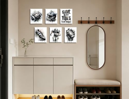 Image of Frimeeme Black and White Football Wall Art & Posters, 6 Pcs, 8x10 In | for Kids Boys Room Locker Room Dorm Living Room