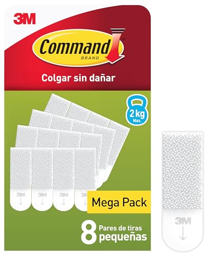 Command Tiras Adhesivas para Colgar Cuadros Pequeños, Pack Ahorro de 8 x 2 Tiras Blancas Pequeñas - Para Marcos de hasta 20 x 25 cm - Colgar Sin Agujeros y Sin Taladrar