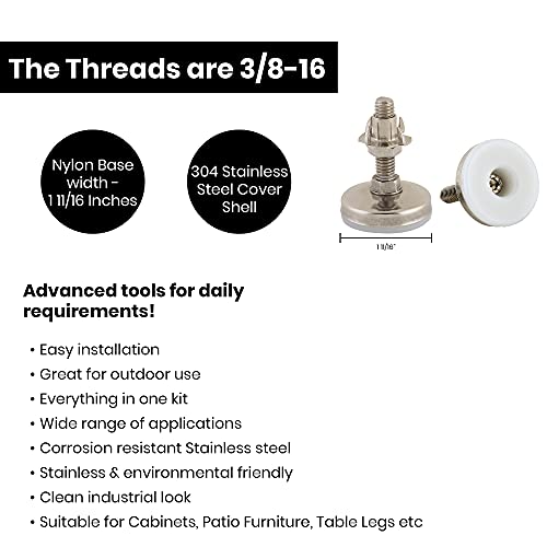 Stainless Steel Outdoor Leveler Kit- (4) 3/8-16 Leg Levelers For Cabinets, Patio Furniture, And Table Legs - Adjustable Height Leveling Feet With Jam Nuts To Stabilize Feet (Kit With 4 Prong T-Nuts) #TOP4