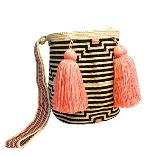 MEDIUM Wayuu Mochila Bag For Women original bolsa tejida colombiana authentic crochet pattern Gift from Colombia (Black Salmon- Medium) by Generic - Used condition - Image 5
