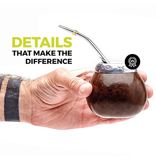 Image of BALIBETOV Yerba Mate Gourd Set - Original Natural Handmade Yerba Mate Cup from Argentina, Includes Mate Tea Cup, Bombilla (Mate Straw) and Cleaning Brush, Traditional Mate Cup Gift Set