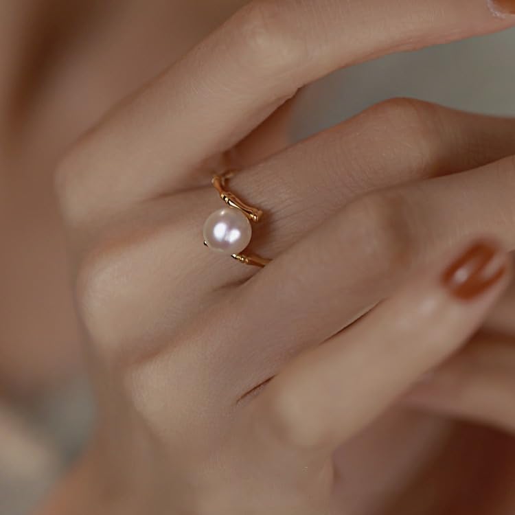 925 Sterling Silver Freshwater Cultured Pearl Ring Gold Pearl Promise Ring for Women tatement Expandable Adjustable Rings Pearl Ball Open Rings （Gold）3