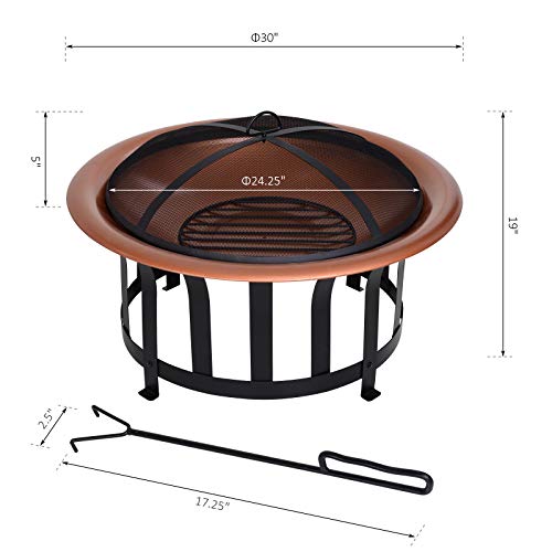 Outsunny 30" Outdoor Fire Pits, Copper-Colored Round Metal Camping Fire Pit, Firepit With Black Ornate Base, Poker, & Mesh Screen For Ember Protection #TOP2