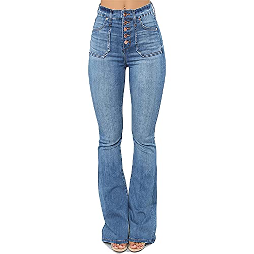 Akivide Women Casual Stretchy Buttons Bell Bottom Jeans 70s High Rise Jeans with Pockets
