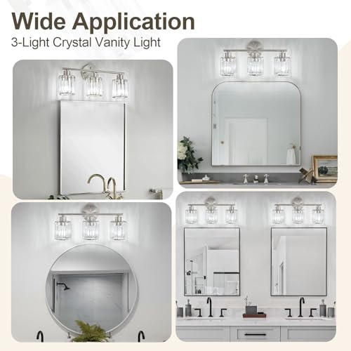 Image of Modern Brushed Nickel Crystal Bathroom Light Fixtures,3-Light