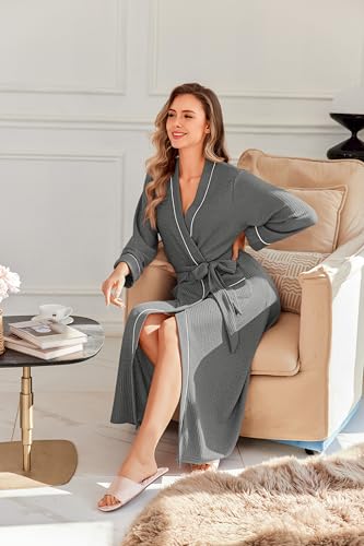Image of Ekouaer Robes for Women Lightweight Knit Waffle Bathrobe Full Length Kimono Casual Ladies Loungewear