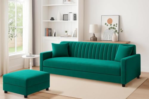 Image of Rosebell Sofa Set with Ottoman Combo- Three Seater Sofa Set with Matching Ottoman for Living Room & Bedroom-Green-Color