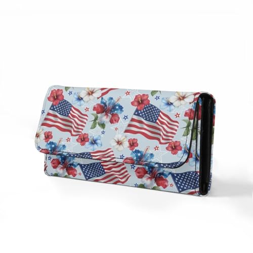 Image of AFPANQZ American Flag Flower Women's Leather Wallet Women Wallets, Soft Leather Trifold Large Capacity Ladies Travel Purse Dust Resistnt Wallet