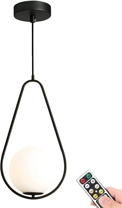 KEFA KEFA Moderne draadloze batterij-aangedreven hanglamp, niet-bedrade indoor afstandsbediening halverwege de eeuw hanglamp met dimbare lamp, witte bol glazen armatuur voor keuken eiland eetkamer