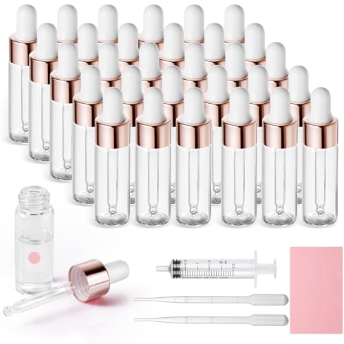 Nadisean 30Pcs Mini Dropper Bottle 3ml, Empty Lab Dropping Bottles, Refillable Pipette Dropper Bottle Rose Gold, Glass Dropper Bottles with 2 Pipettes and 1 Syringe for Essential Oils Perfume Liquid
