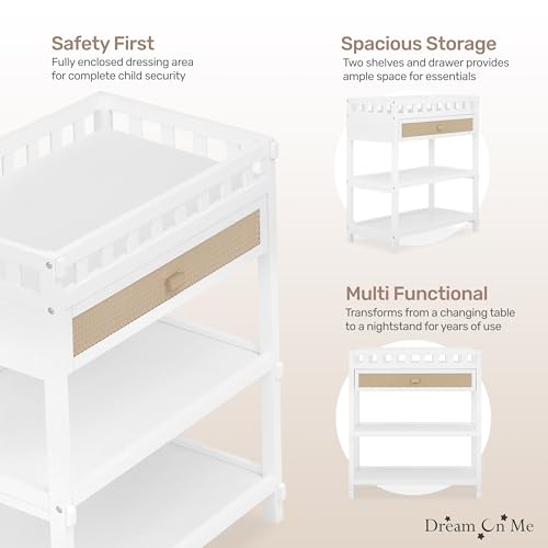 Image of Dream On Me Doula Changing Table in White - BSA & GREENGUARD Gold Certified, Enclosed Dressing Area for Safety, Two Spacious Storage Shelves & A Closed Drawer, Converts to Nightstand