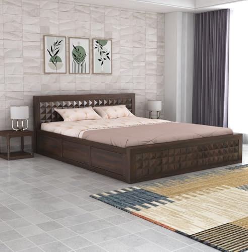 Image of Sheesham Wood King Size Bed with Box Storage and Headboard | Durable Wooden Double Bed Cot Palang Furniture for Bedroom, Living Room, Guest Room, Hotel and Home (Walnut Finish-1 Year Warranty)
