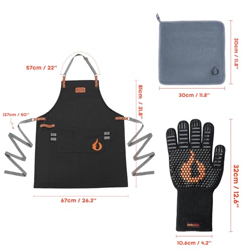 onlyfire Kochschürze Set 3 TLG, Grillschürze Baumwolle mit 2 Taschen, Grillhandschuhe Hitzebeständig bis 800°C und Mikrofasertuch, Grillzubehör Set für Herren, Geschenk für Männer und Frauen BBQ Küche