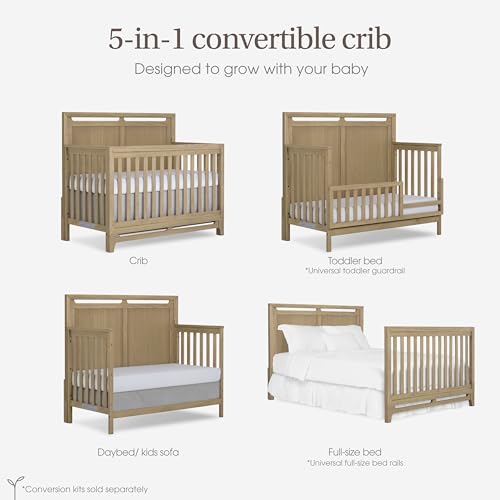 Image of Evolur Bradford 5-in-1 Convertible Full Size Baby Crib, Pinewood Nursery Converts to Daybed, Toddler Bed and Full-Size Bed, 3 Mattress Heights, GREENGUARD Gold & BSA Certified - Alpine Oak
