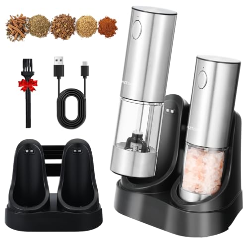 Rechargeable Electric Salt and Pepper Grinder Set with Charging Base, One Handed Automatic Pepper Mill, Adjustable Coarseness, LED Light, Stainless Steel