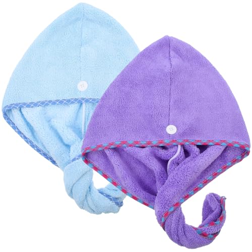 SOESFOUFU Toallas para Secar el Cabello de Secado Rápido 2 Piezas, Gorro Absorbente de Coral Grueso, Tamaño Mediano, Colores Azul Lago y Violeta, Prácticas y Cómodas para Baño y Uso Diario