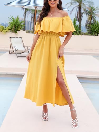 Image of CUPSHE Women Ruffle Floral Maxi Summer Dress Off Shoulder Short Sleeve Backless Flounce Bodice Slit Hem Beach Dresses