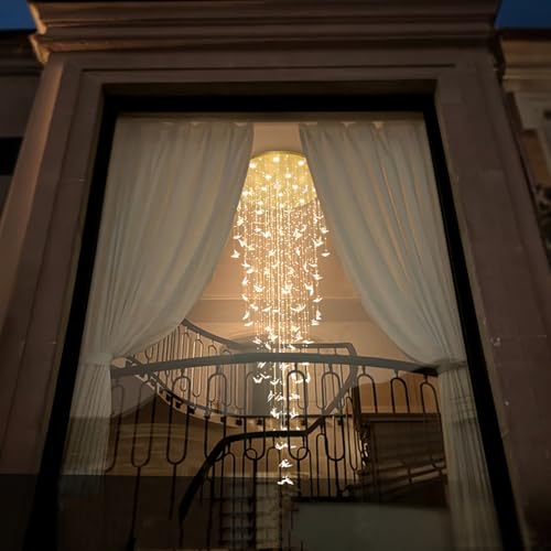Image of ykolupty H138 High Ceiling Chandelier - Modern Crystal Raindrop Large Chandelier for Staircase Foyer Entryway Living Room - Dimmable 3000-6000K