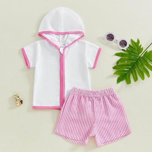 Baby Infant Boys Girls Beach Swim Cover up Shorts Sets 2 Piece Short Sleeve Hooded Zipper Swim Tops and Athletic Pants2