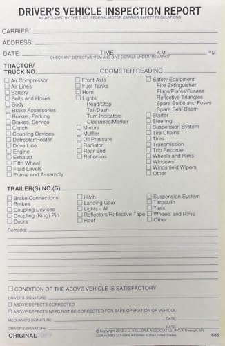 DVIR - Detailed Driver's Vehicle Inspection Report, Pre Trip Inspection Book for Trucker, 2-Ply Carbonless DVIR Log Book for Truck Drivers, 8.5" x 4" (10 Books)