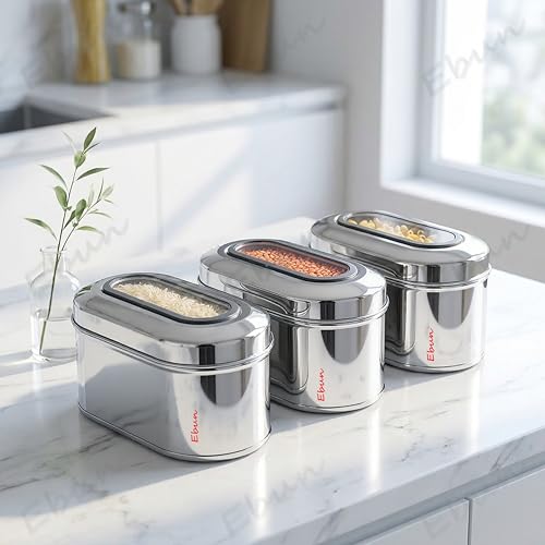 Image of Ebun Stainless Steel Top See Through Containers | Stainless Steel Container with Lid | Capsule Shape Steel Kitchen Containers Set | Steel Airtight Container | 750 Gms Capacity Approx | Pack of 3