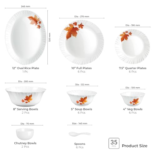 Image of Treo by Milton Opalware Aurelia Mapelle Dinner Set of 35 | Serving for 6 | Microwave & Dishwasher Safe | Bone-Ash Free | Tempered Toughness | Plates, Bowls, Spoons | Crockery Set for Dining & Gifting