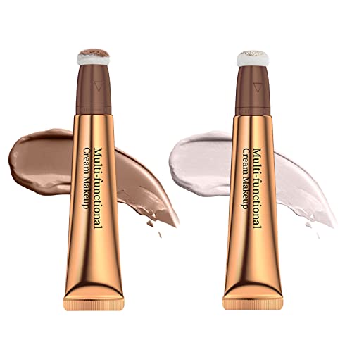 Ofanyia 2Pcs Highlighter & Contour Beauty Wand, Liquid Face Highlighter Contour with Cushion Applicator, Super Silky Cream Highlighter Contour Stick (02#Medium Contour+05#Pear white Highlighter)