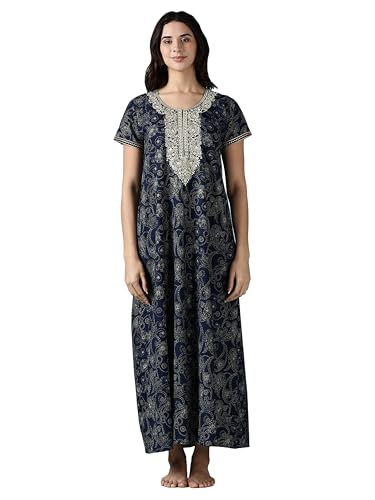 Image of 9shines Label Stylish Pure Cotton Nighty Maxi for Women | Embroidery Neckline Nightgown | A-Line Nightdress with Pocket | Floral Night Gown| Soft Comfortable Cotton Sleepwear (Cotton Yoke)