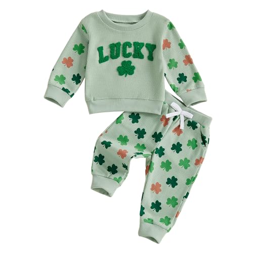Image of Toddler Baby Boy Girl St Patricks Day Outfit Lucky Embroidery Waffle Long Sleeve Sweatshirt Pants Spring Clothes Set
