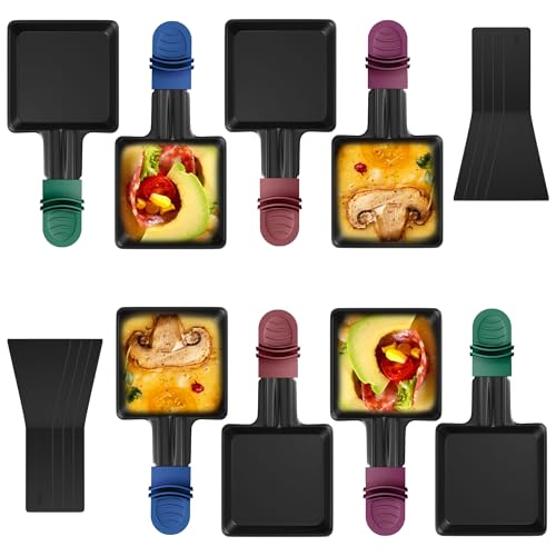 Zalava 8er Set Raclette Pfännchen antihaftbeschichtet Mini Grill Pfännchen Ersatz mit 8 Schaber und buntem wärmeisoliertem Griff Grillen von Käse Eiern