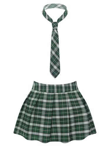 Freebily Mujeres Falda Escocesa Plisada con Cintura Elástica Escuela Uniforme Falda Cuadros con Corbata Falda Danza Baile Verde S