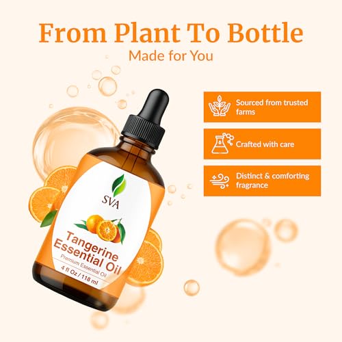 Image of SVA Tangerine Essential Oil 4 Fl Oz - for Diffuser, Skin & Hair Care - Ideal for Massage & DIY Blends - with Dropper