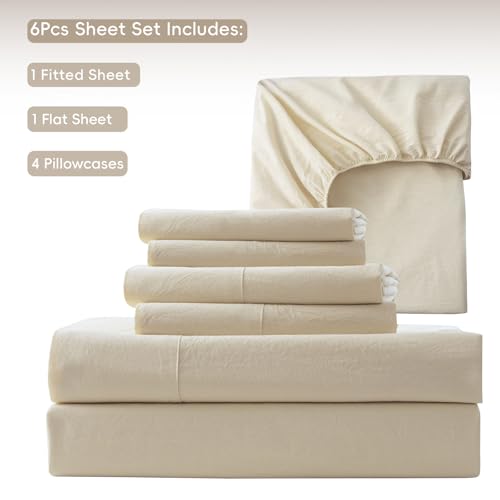 Image of MooMee Sheet Set 100% Washed Cotton Linen-Like Extra Deep Pocket Queen | Relaxed Linen-like Texture. Soft, Breathable & Lightweight Comfort. 15-19 inch Extra Deep Pocket with All-around Elastic