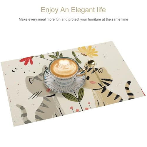 Sets de table anti-tache Draw Two Cats en PVC lavable pour table propre - 4