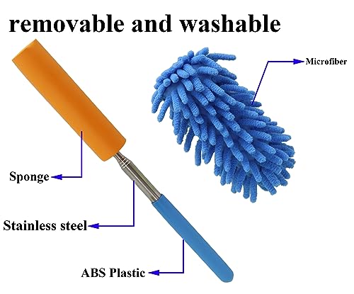 Image of Microfiber Duster, Microfiber Hand Duster Washable Microfibre Cleaning Tool Extendable Dusters for Cleaning Office, Car, Computer, Air Condition, Washable Duster(2Pack /Blue)
