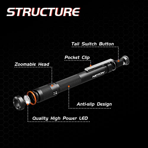 Nicron B22W Led Pocket Pen Light,Small,Compact,Portable,Zoomable Flashlight With Clip For Inspection,Camping,Outdoor,Everyday Use #TOP6