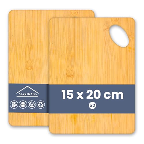 MAXIKASA - Tabla Cortar de Bambu | Pack de 2 uds Tamaño Pequeño (x2-20x15cm) | Tabla de Alta Resistencia y Durabilidad | Apto para Cortar, Picar y Servir | Utensilios de Cocina Indispensables.
